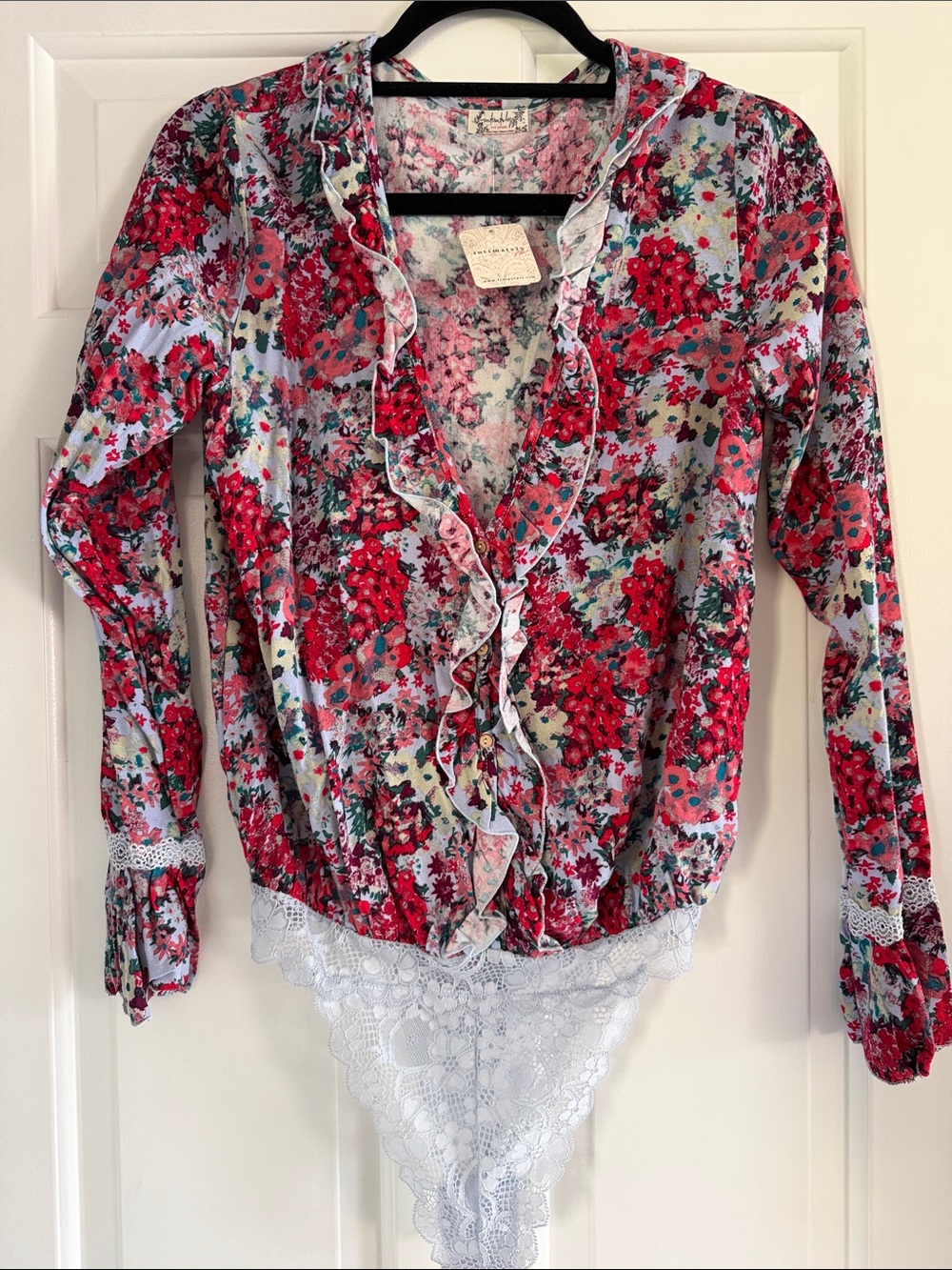 Free People Floral Ruffle Lace-Trim Bodysuit in Red and Light Blue